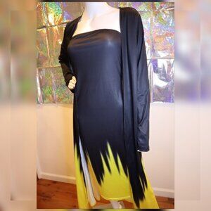 Mid lenth black and yellow dress with matching overcoat